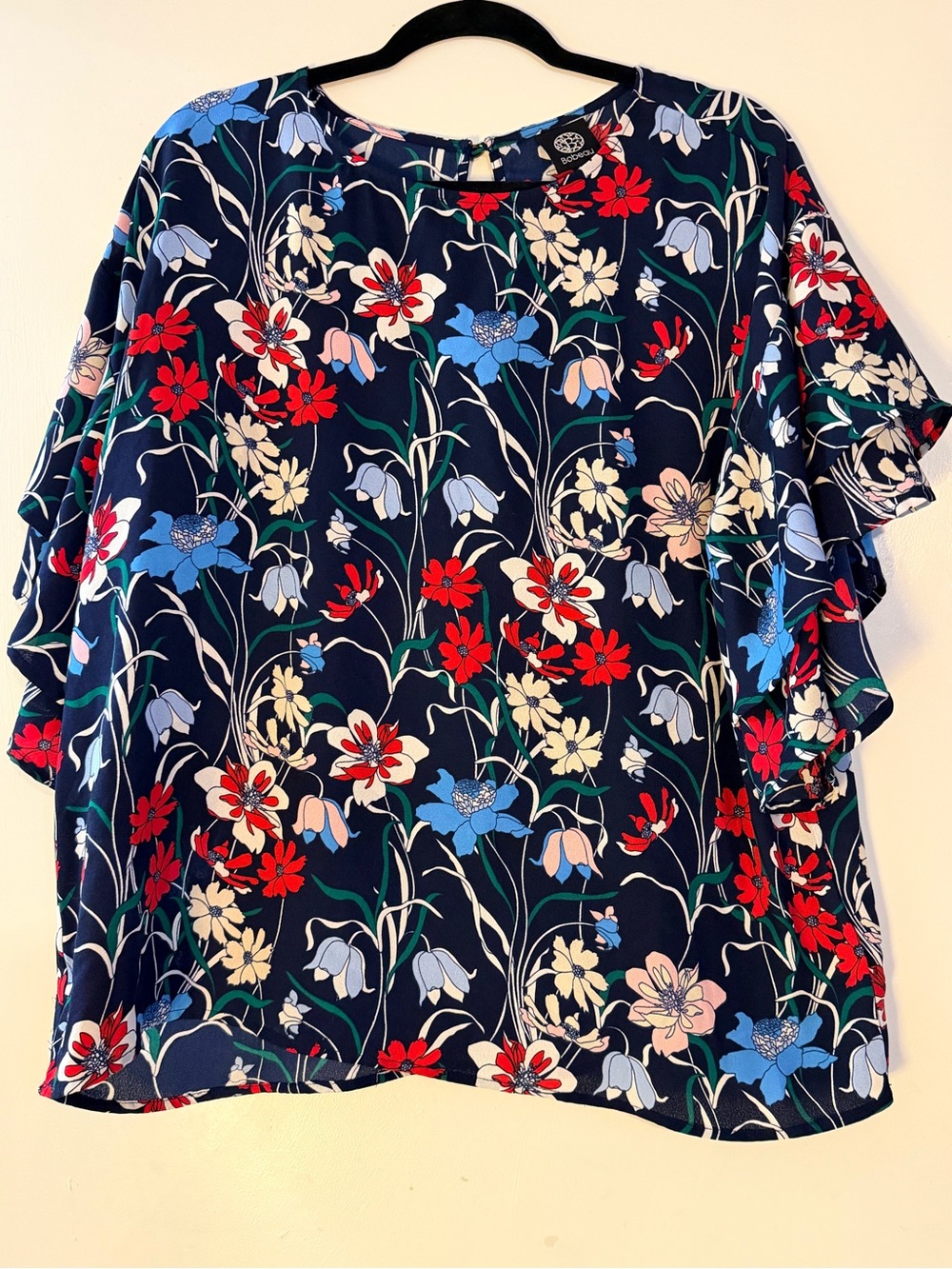 bobeau Navy Floral Ruffle Sleeve Blouse - Red/Blue/Cream/Pink
